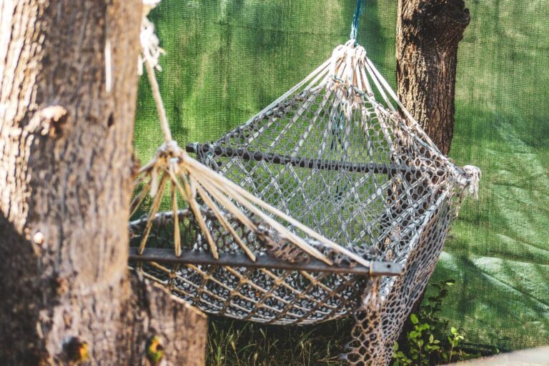 Camping hammock with mosquito net between trees
